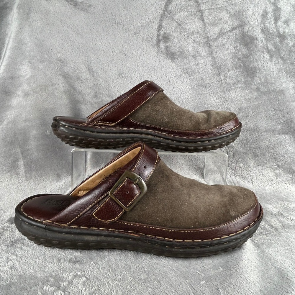 Born W5438 Brown Leather Suede Buckle Clogs Mules Womens 11